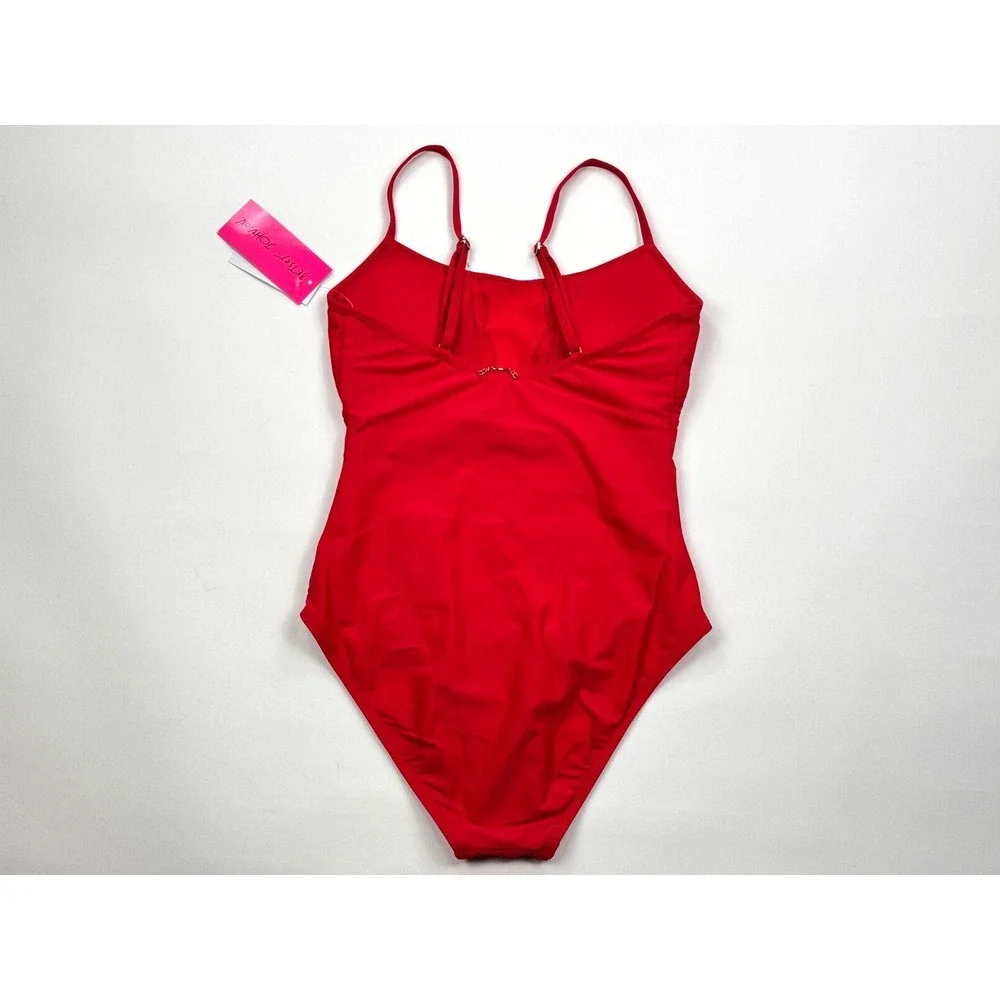 Betsy Johnson One‎ piece Sheer Panel Swim Suit Women S NWT $98 Red Stretch Nylon